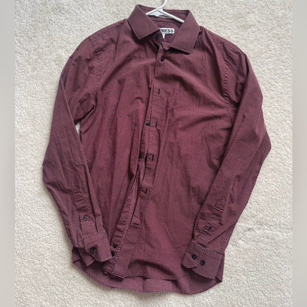 Express Men’s Button Dress Shirt slim fit Medium Red/Black Dots